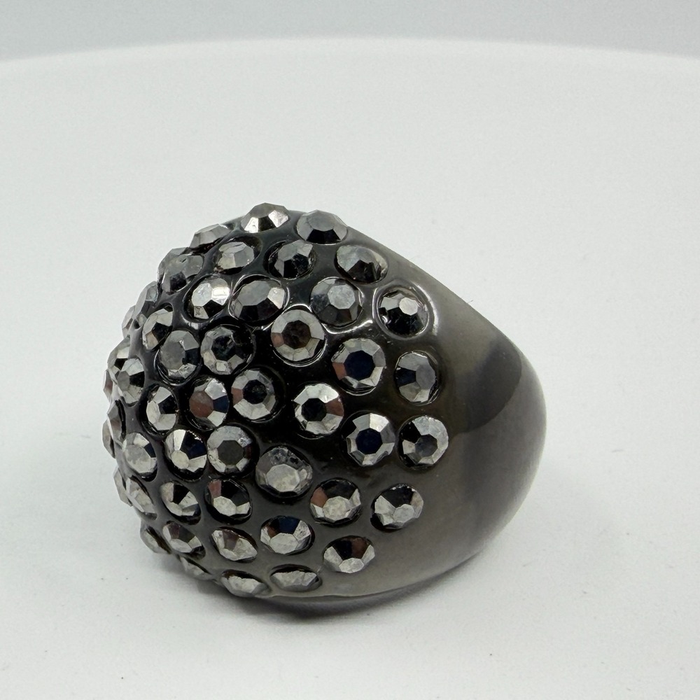 Black Resin Gunmetal Crystal Chunky Dome Ring - Gothic Boho Gift